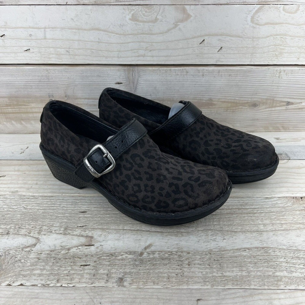Born Shoes Womens 10 Crown Brown leopard Animal Print Leather Clogs Wedge B64809